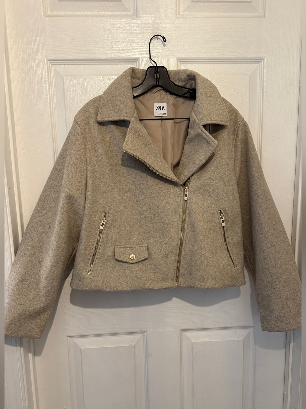 ZARA Women’s Light Gray Faux Wool Cropped Moto Jacket Full Zip Size XL